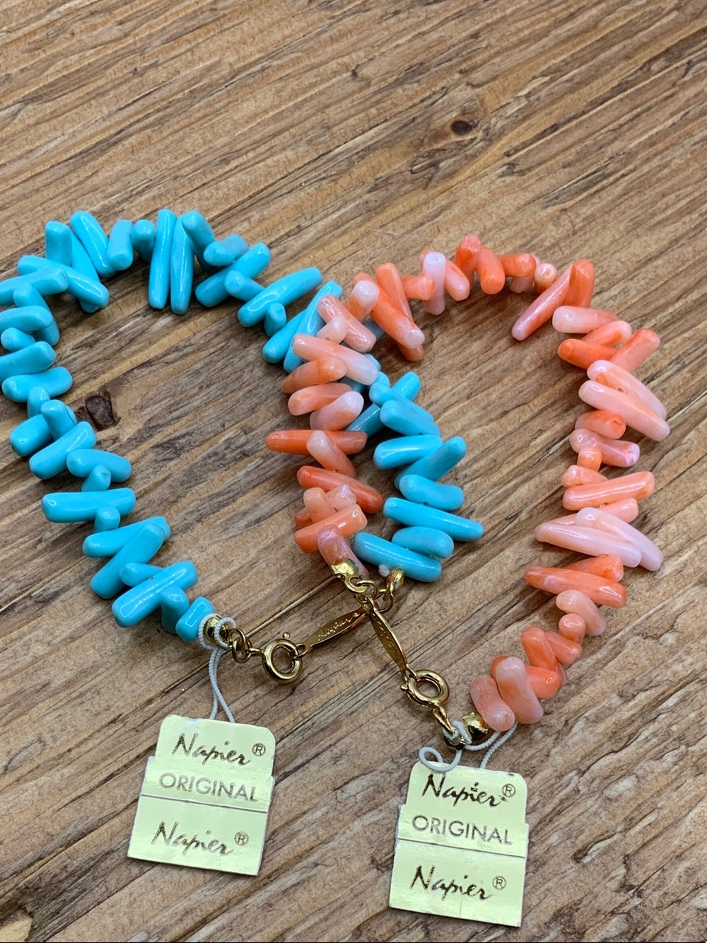 Napier Acrylic Turquoise & Coral Chip Bracelets, Set of 2